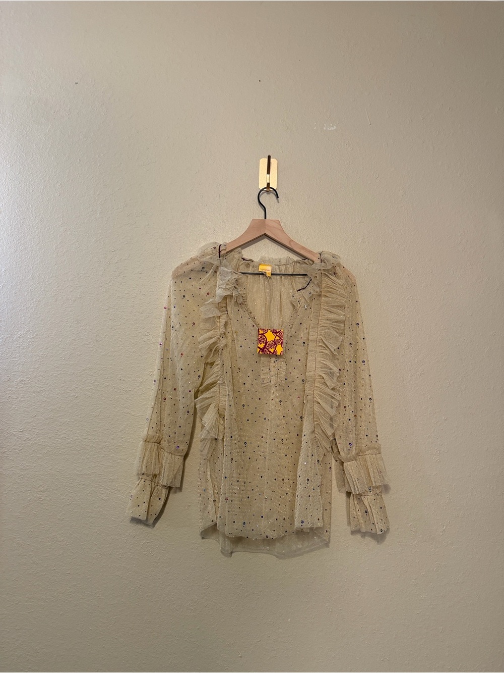 Monoplaza Sheer Ruffle Sequin Tulle Long Sleeve Top Size XS NWT